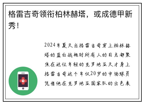 格雷吉奇领衔柏林赫塔，或成德甲新秀！