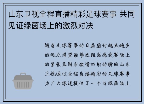 山东卫视全程直播精彩足球赛事 共同见证绿茵场上的激烈对决